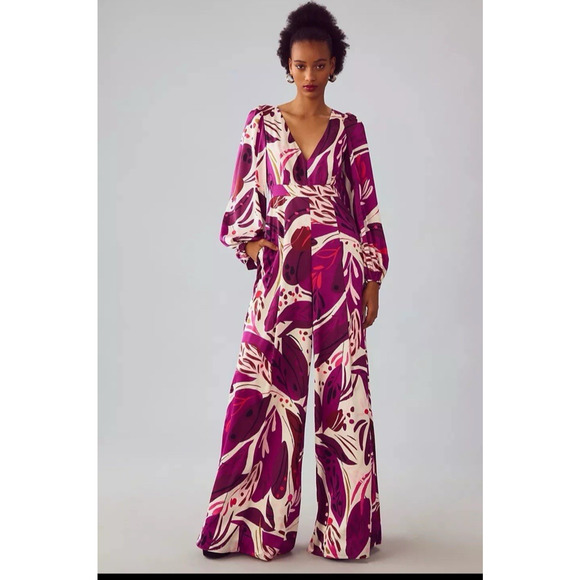 Anthropologie Hutch Jump Suit Purple Deep-V Wide-Leg Size 2 Summer Beach Boho‎ - Picture 1 of 13
